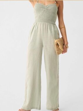 Faherty Mandy Smocked bodice linen Strappy Jumpsuit in Sage Green